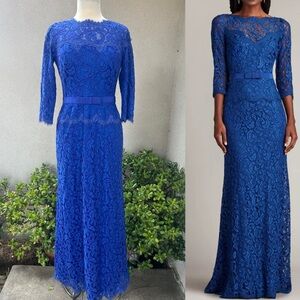 Tadashi Shoji elegant dress maxi lace royal blue Sz 12 Petite. Lined